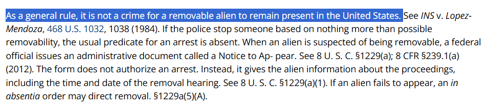 ReichlinMelnick's tweet image. What a lie. Here's the Supreme Court itself making clear that simply being in the country without permission is NOT a crime: "As a general rule, it is not a crime for a removable alien to remain present in the United States."

It's a civil violation, not a crime.
