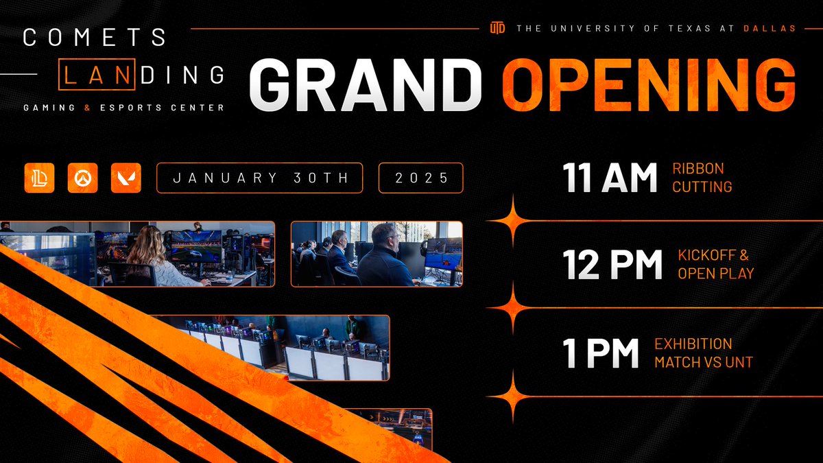 We are opening one of the largest collegiate esports facilities in the country!

📆 Thursday, January 30th
⏰ 11 AM CST
📍 Comets LANding is located in the heart of campus; across from the Founders Building and adjacent to our Student Union.
