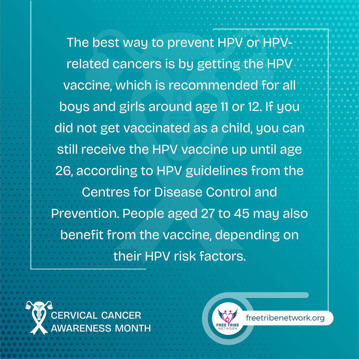 freetribenetwrk's tweet photo. More facts for you to remember, and share with your network this season. 

Tell someone about HPV and cervical cancer, and use the hashtags to join in the campaign 🤍

#freetribenetwork #cervicalcancer #cancer #prevention #ReproMatters #cervicalcancerawareness  #teal #smearit https://t.co/Xdz6fGH7jK
