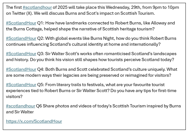 Questions for tonight's #scotlandhour discussion on Burns and Sir Walter Scott. facebook.com/Scotlandhour