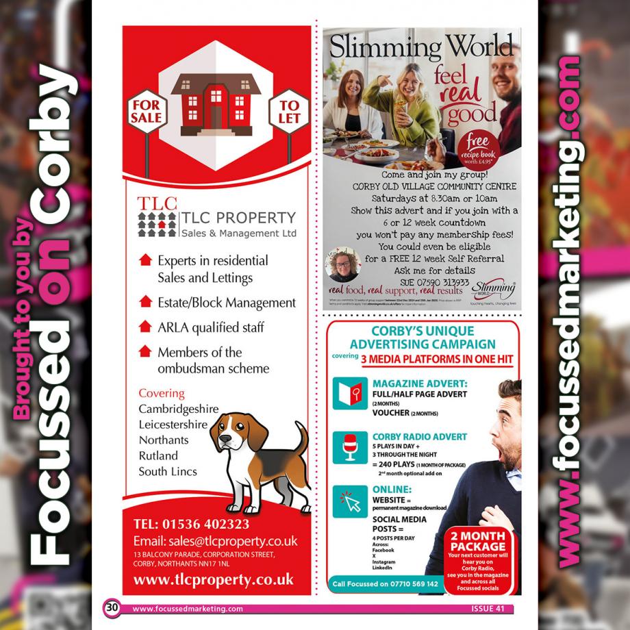 Enjoy yourself while you loose weight and feel great! 
With local Slimming World groups.

______

Looking to rent or sell....  then speak with THE LETTING COMPANY on the balcony Corby Town Centre. 

READ MORE ISSUES HERE:
focussedpublications.co.uk/Corby

#FocussedonCo...