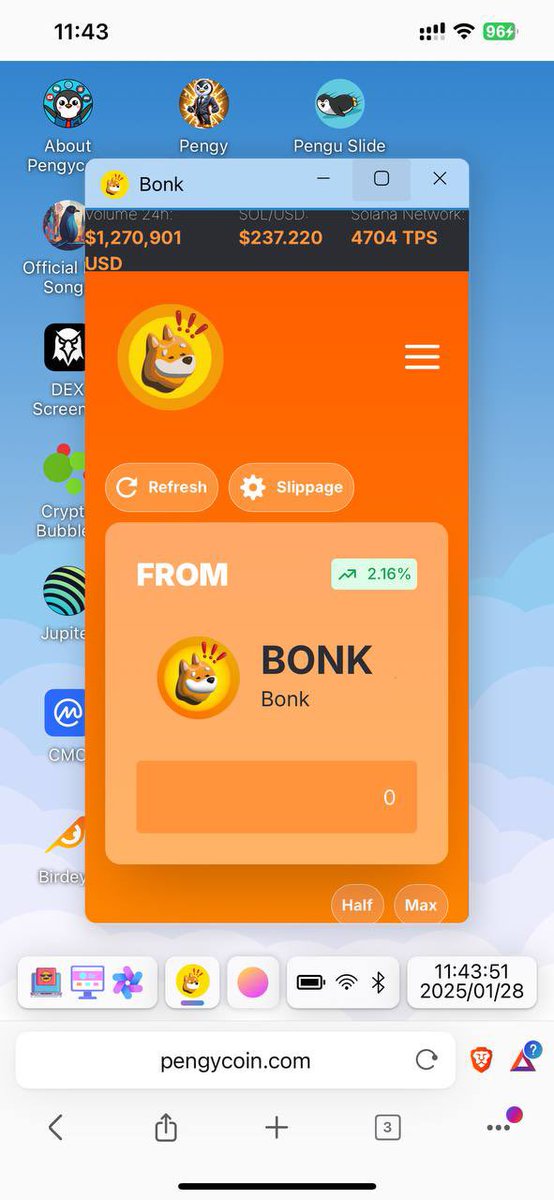 PengyOS_sol's tweet photo. We’re thrilled to announce the successful integration of the $BONK website and its utilities into our WebOS platform 

Now, you can access all @bonk_inu products in just a few taps:

All apps > Memes &amp; Web3 > BONK Icon

https://t.co/ILxchgJaxB
Tap in, explore, and let’s BONK! https://t.co/ZdwTlHvkhU
