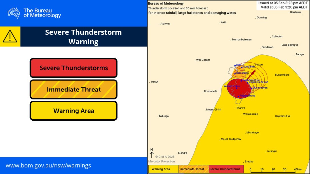 BOM_ACT's tweet photo. ⚠️ 3:23pm: Severe Thunderstorm Warning for #IntenseRainfall #LargeHail & #DamagingWinds
For #Canberra and #Queanbeyan.
Very dangerous thunderstorm with intense rainfall, large hail and damaging wind gusts moving across Canberra.
https://t.co/c1IXY5Rke7 https://t.co/aZwFwNDmuq