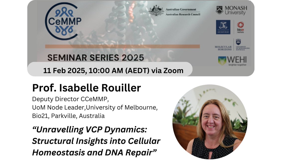 ARC CCeMMP (@ccemmp) on Twitter photo Excited for our first <a href="/arc_gov_au/">Australian Research Council</a> CCeMMP seminar in 2025! 🤩We welcome Prof. Isabelle Rouiller, Deputy Director CCeMMP, UoM Node Leader, who will present on: "Unravelling VCP Dynamics: Structural Insights into Cellular Homeostasis and DNA Repair"
Register:
ccemmp.org/events/ccemmp-… Excited for our first <a href="/arc_gov_au/">Australian Research Council</a> CCeMMP seminar in 2025! 🤩We welcome Prof. Isabelle Rouiller, Deputy Director CCeMMP, UoM Node Leader, who will present on: "Unravelling VCP Dynamics: Structural Insights into Cellular Homeostasis and DNA Repair"
Register:
ccemmp.org/events/ccemmp-…
