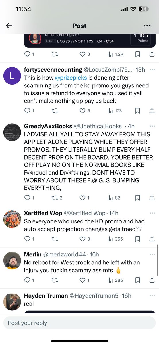 GarrettCharbon1's tweet photo. @PrizePicks Just curious if you reboot something that’s not a refund correct? Going on five days now I’m not gonna get a refund for the .5 Kevin Durant promo, but she will reboot some thing and advertise about that? Thanks! Your support team should get some of the money you stole! https://t.co/i0DkwDM3aU