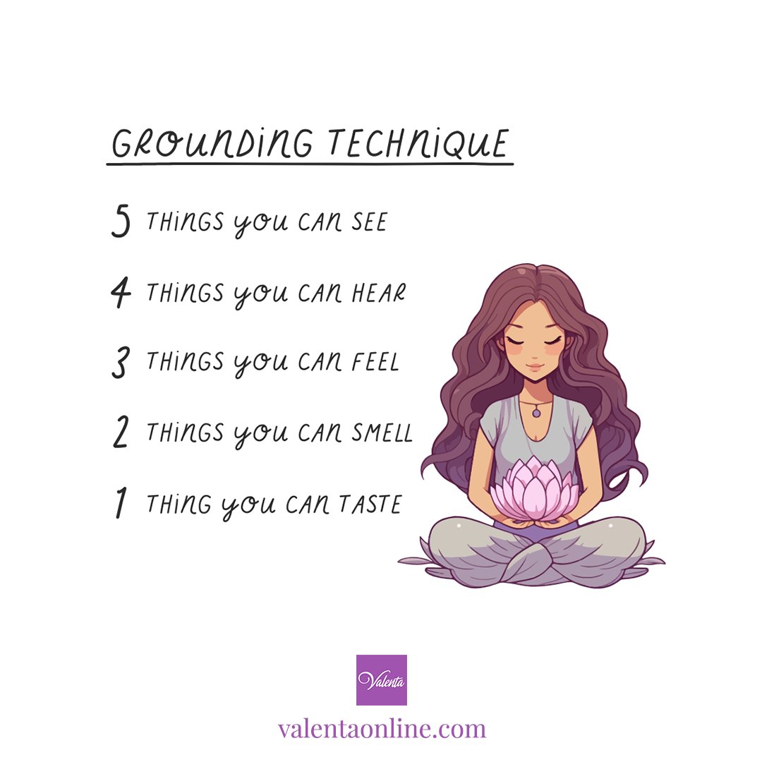 Valenta_inc's tweet image. Grounding Technique

5 things you can see
4 things you can hear
3 things you can feel
2 things you can smell
1 thing you can taste
-
🖥️ valentaonline.com#onlinetherapist #onlinetherapy #mentalhealthawareness #bulimia #anorexia #eatingdisorder #inlandempire #sanbernardino