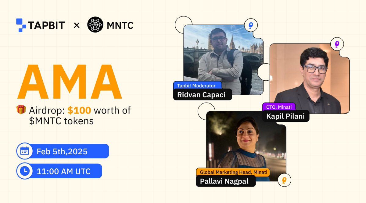 🔥Tapbit x $MNTC Project - Join Our Exclusive Space Event!🎙️

1️⃣Follow  <a href="/Tapbitglobal/">Tapbit</a>  &amp; <a href="/minatifi/">Minati</a>
2️⃣Like &amp; RT this tweet
3️⃣Set a reminder &amp; Join our AMA
4️⃣Fill out form👉forms.gle/8hanbNWqZFNqgd…

⏰ Time: Feb 5th 11:00 am(UTC)

📌Set a Reminder: x.com/i/spaces/1rmxP…

🤑20