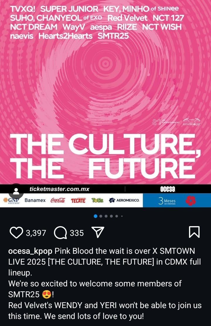 luvyrrv's tweet photo. Red Velvet's Wendy and Yeri are confirmed will not attend SMTOWN LIVE 2025 in Mexico City on May 9th https://t.co/53XG347Xlb