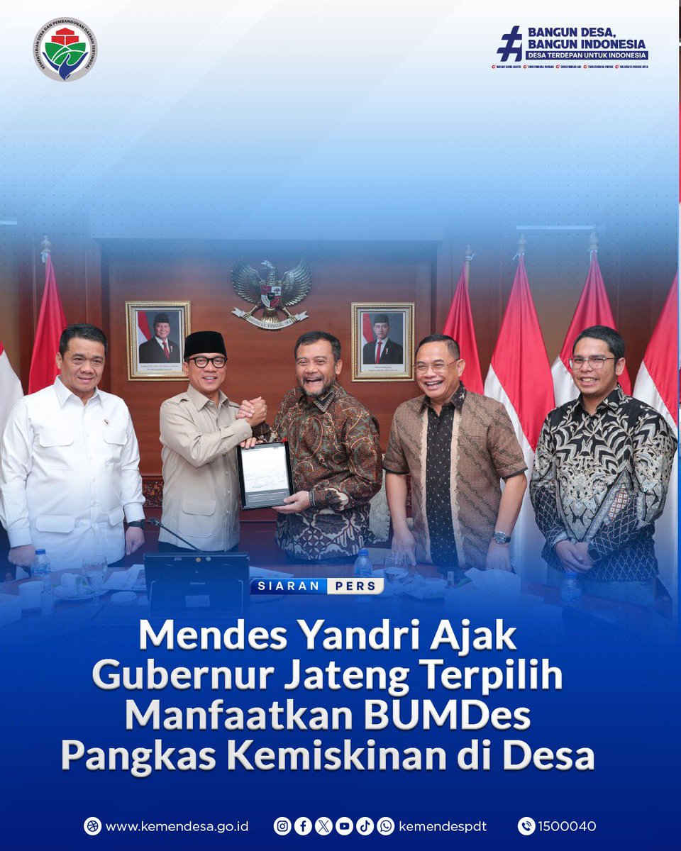Menteri Desa PDT mengajak Gubernur Jawa Tengah terpilih, Ahmad Luthfi, untuk memperkuat peran Badan Usaha Milik Desa (BUM Desa) dalam mengurangi kemiskinan dan mendorong pertumbuhan ekonomi desa.