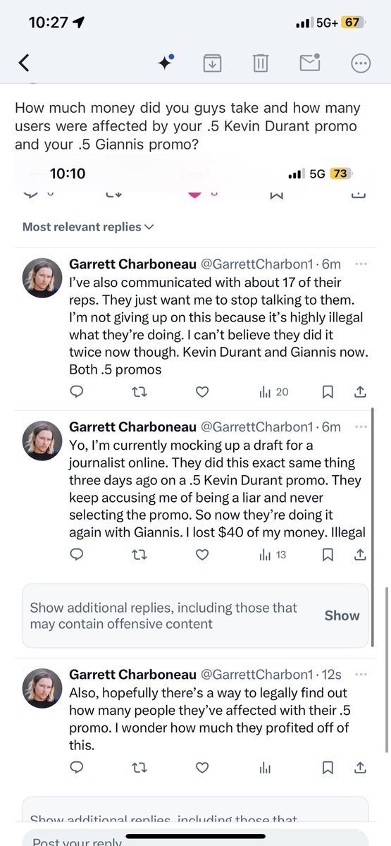 GarrettCharbon1's tweet photo. @PrizePicks I’m sure you’re getting really tired of us asking for our money back from your .5 Kevin Durant promo that glitched. I lost $40. Another user said he lost $25 so how much money did you steal from us? https://t.co/GqjQs45UaJ