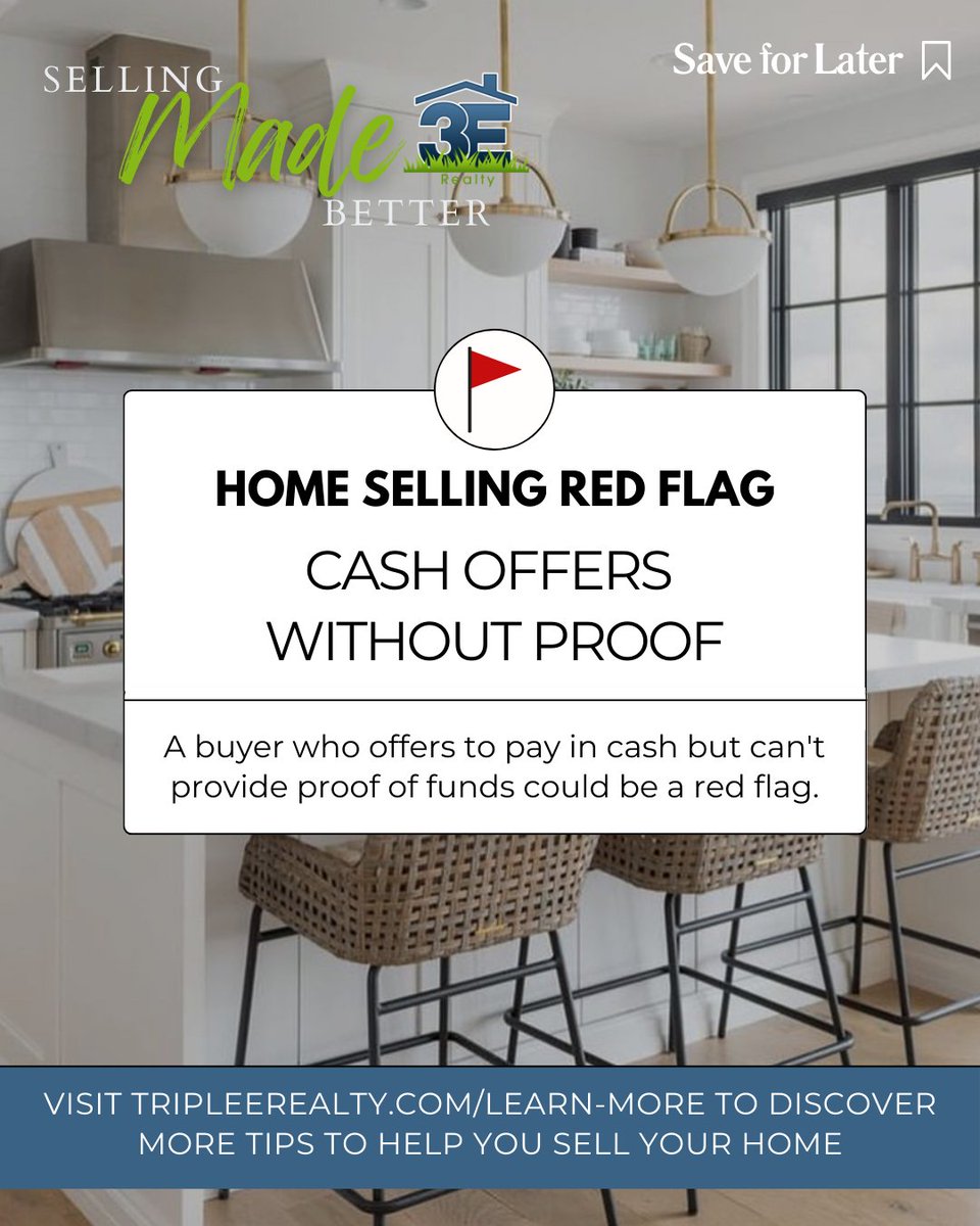 🚩 Home Selling Red Flag Alert! 🚩
Cash offers without proof of funds? That’s a sign to proceed with caution!

Ensure you’re working with serious buyers—visit TripleERealty.com/Learn-More for more selling tips.

#SellingMadeBetter #HomeSellingTips #RealEstateRedFlags #TripleERealty
