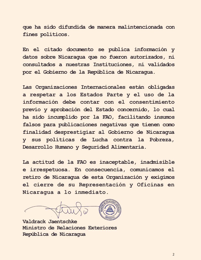 🇳🇮El Gobierno de Nicaragua rechazó un informe de la FAO por difundir información falsa y malintencionada, y anunció su retiro de la organización, exigiendo el cierre de sus oficinas en el país.