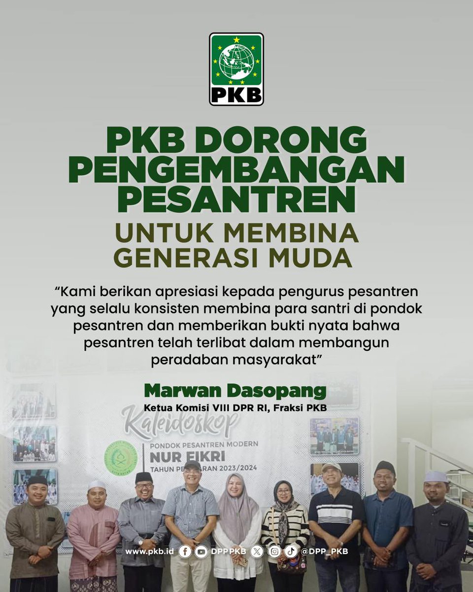 PKB terus mendorong pengembangan pesantren sebagai pusat pendidikan dan pembinaan generasi muda. 

Ketua Komisi VIII DPR RI <a href="/Marwan_Dasopang/">Marwan Dasopang</a>, mengapresiasi peran pesantren yang tak hanya mencetak santri berilmu, tapi juga berakhlak dan siap membangun bangsa.

#PKBUntukPesantren