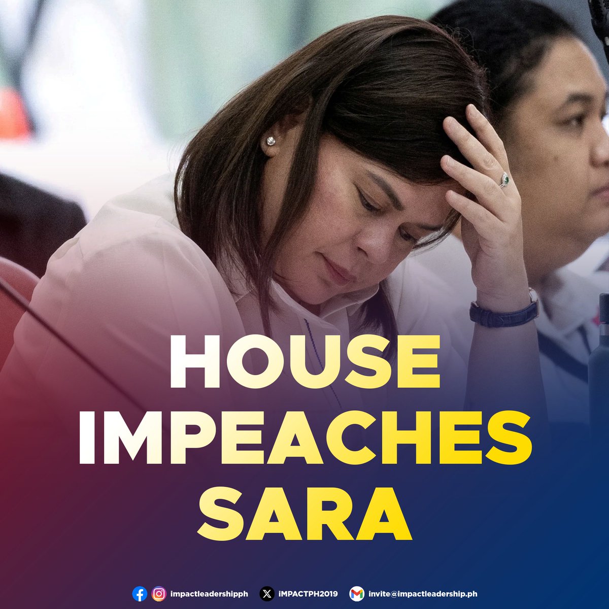iMPACTPH2019's tweet photo. HOUSE IMPEACHES SARA – BILLYONARYO

The House of Representatives impeached Vice President Sara Duterte on Wednesday, February 5, after securing 153 signatures—more than one-third of its members—advancing the impeachment process to the Senate for trial, according to Bilyonaryo News Channel.

The impeachment follows three complaints filed against Duterte, citing alleged misuse of confidential funds, graft and corruption, and betrayal of public trust—grounds for impeachment under the 1987 Constitution.

In preparation for the next steps, the Senate Secretary has instructed the Senate Public Relations and Information Bureau to prepare for the possible receipt of the impeachment complaint from the House of Representatives today.