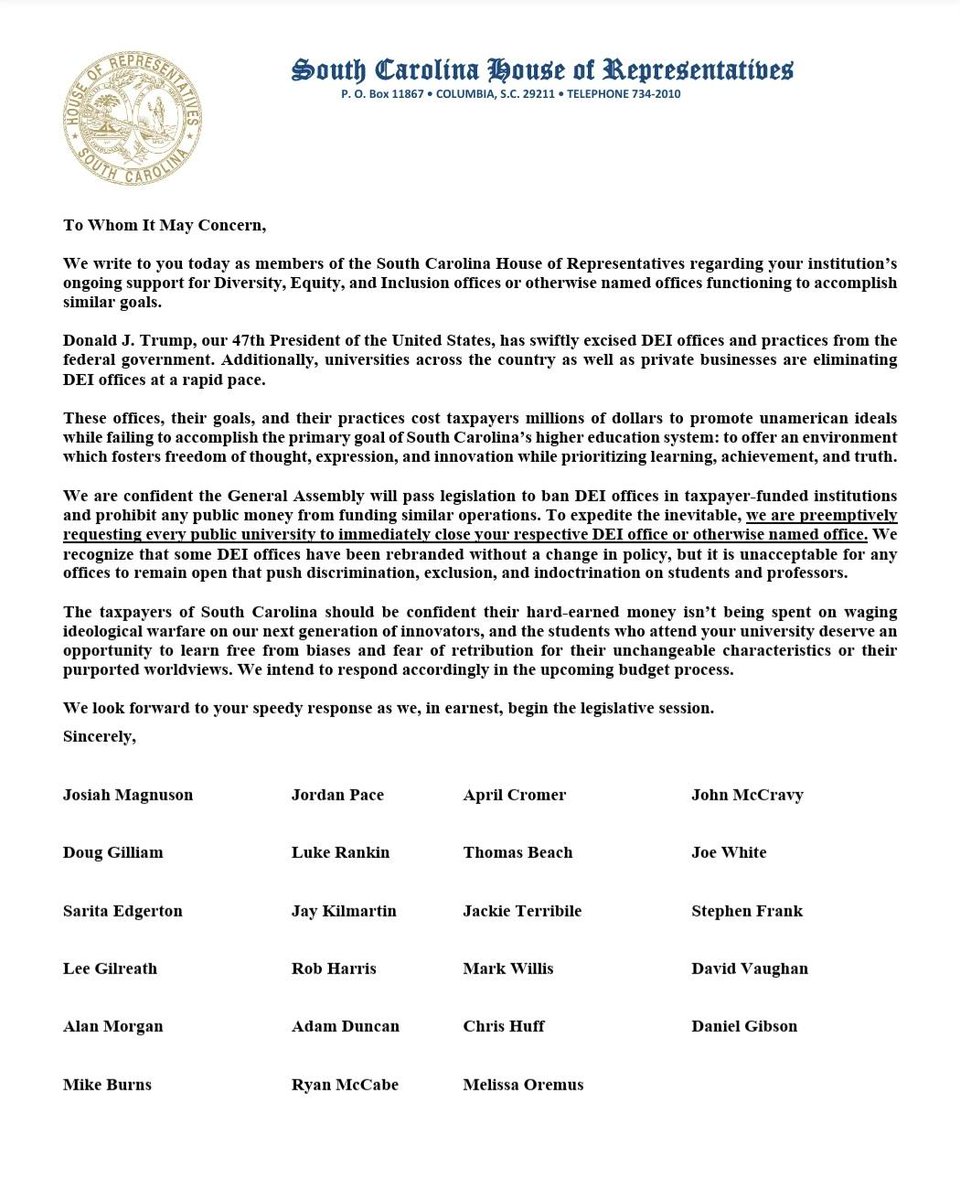 JackieforSC's tweet image. SC taxpayers shouldn’t fund divisive DEI offices in our universities. My colleagues and I are calling for their immediate closure to keep education focused on learning, not ideology. Read our letter below. #SCPolitics #NoMoreDEI
