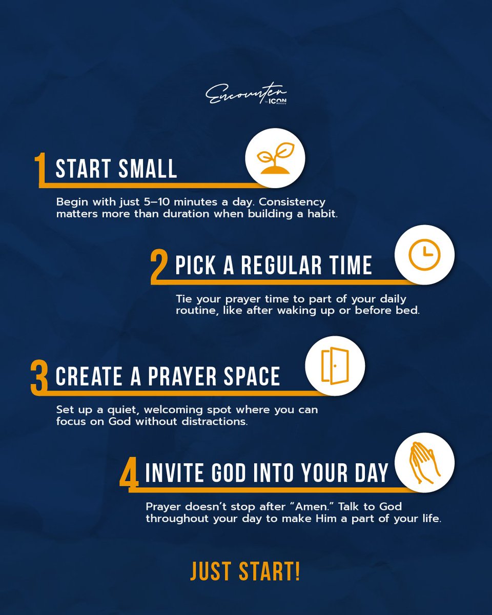 encountercourse's tweet photo. Prayer isn't everything, but it is the first thing!

Do you have a prayer habit? If you don't, follow these simple steps to create a prayer habit, it's truly the first step to a relationship with God 🙏 https://t.co/4ClvmmL5UF