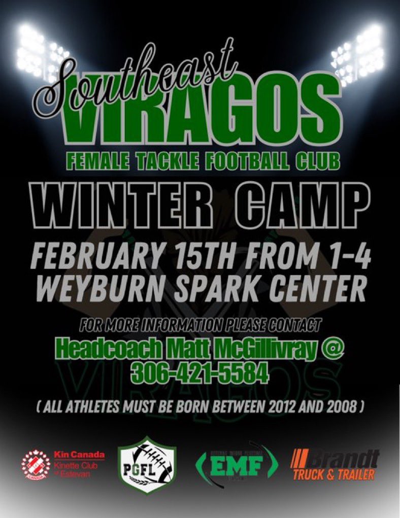 Great opportunity for female football athletes in the Weyburn area to develop their skills during the winter season at the Spark Centre. Give Coach Matt McGillivray a call for more info. #ViragosFootball <a href="/WMF_Weyburn/">WMF</a> <a href="/CWcseagles/">CoachKerrWCSEAGLES</a> <a href="/ColtNeithercut/">Colton Neithercut</a>
