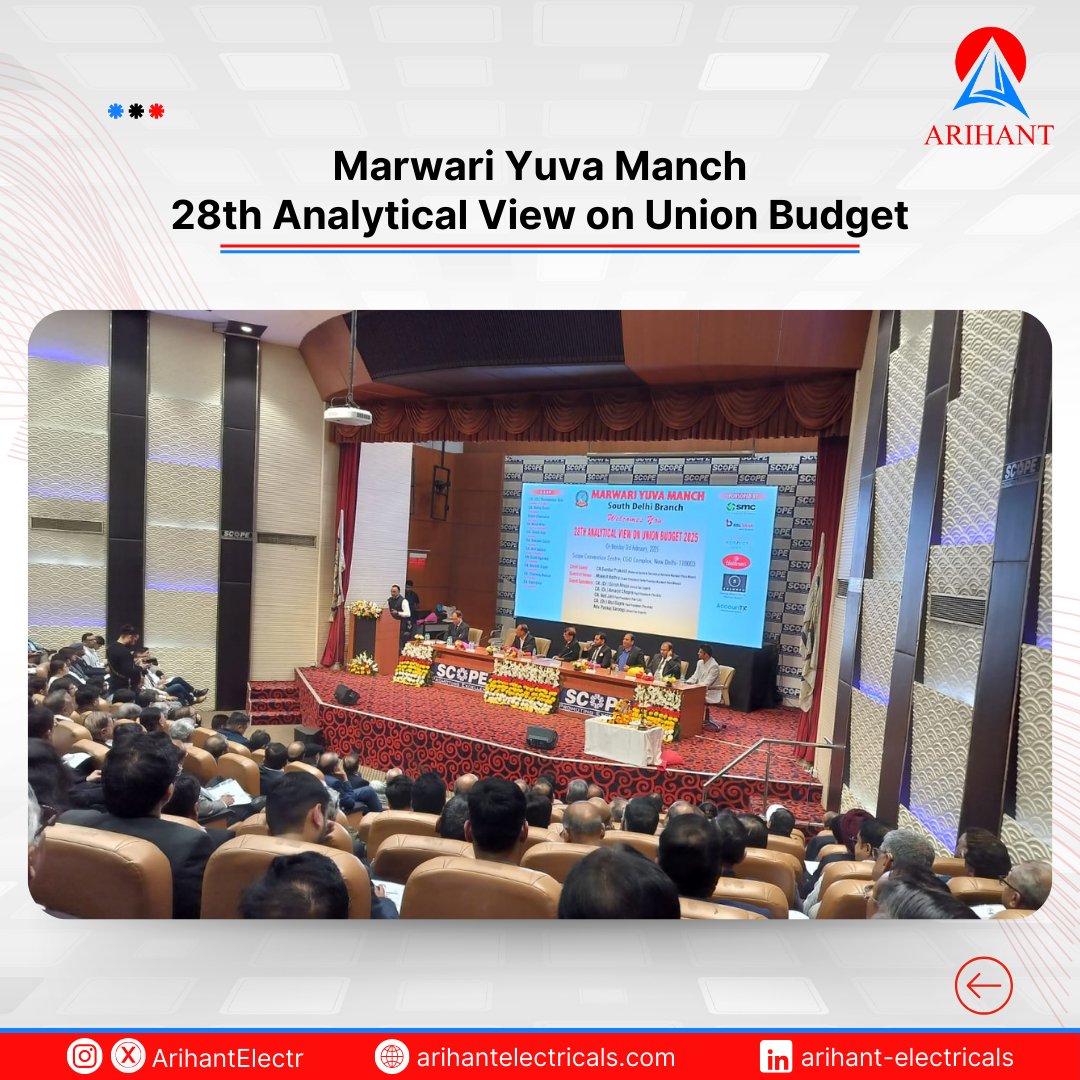 ArihantElectr's tweet photo. #ArihantElectricals was honored to participate in the Union Budget 2025-26 discussion organized by Marwari Yuva Manch, South Delhi Branch.
#UnionBudget2025 #MarwariYuvaManch #BudgetAnalysis #EconomicGrowth #EaseOfDoingBusiness #NuclearEnergy #ProMiddleClass #IndustryUpdates https://t.co/LI3nYXQ1y0