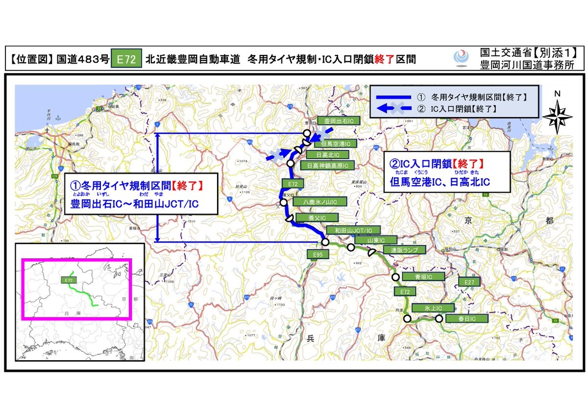 mlit_toyooka's tweet photo. #大雪 #E72北近畿豊岡道
北近畿豊岡道（豊岡出石IC～和田山JCT/IC）の冬用タイヤ規制を5日（水）13時45分に終了いたします。
ご協力ありがとうございました。今後も、降雪時は冬用タイヤやタイヤチェーンの装着（携行）をお願いいたします。 https://t.co/vc869TCwlv