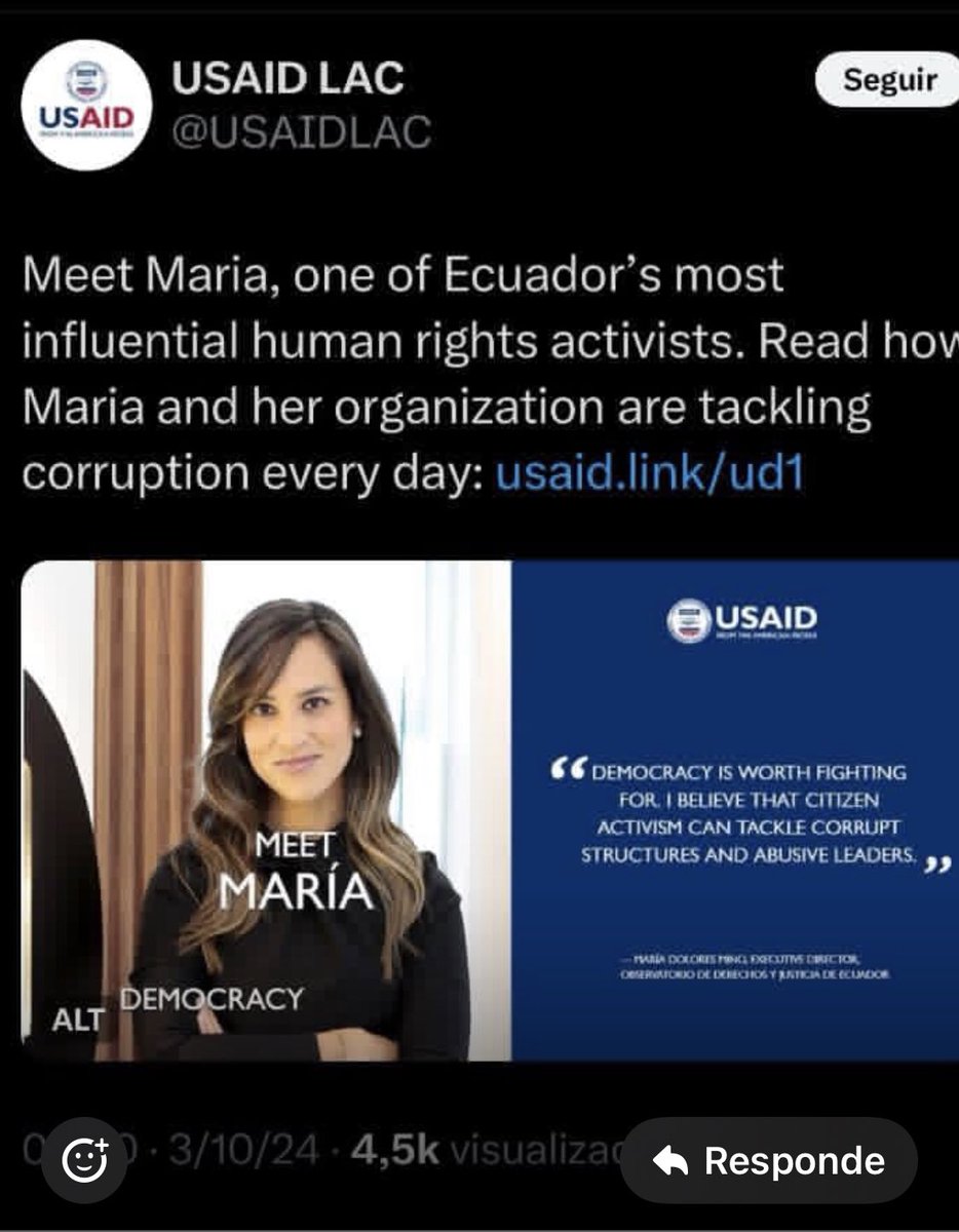 MRMARK07182440's tweet photo. Qué alegría @LoloMino por fin se te acabó tu financiamiento de la USAID para pervertir a los jóvenes y a los niños del Ecuador.
#ThanksPresidentTrump https://t.co/xOPAChzyaw