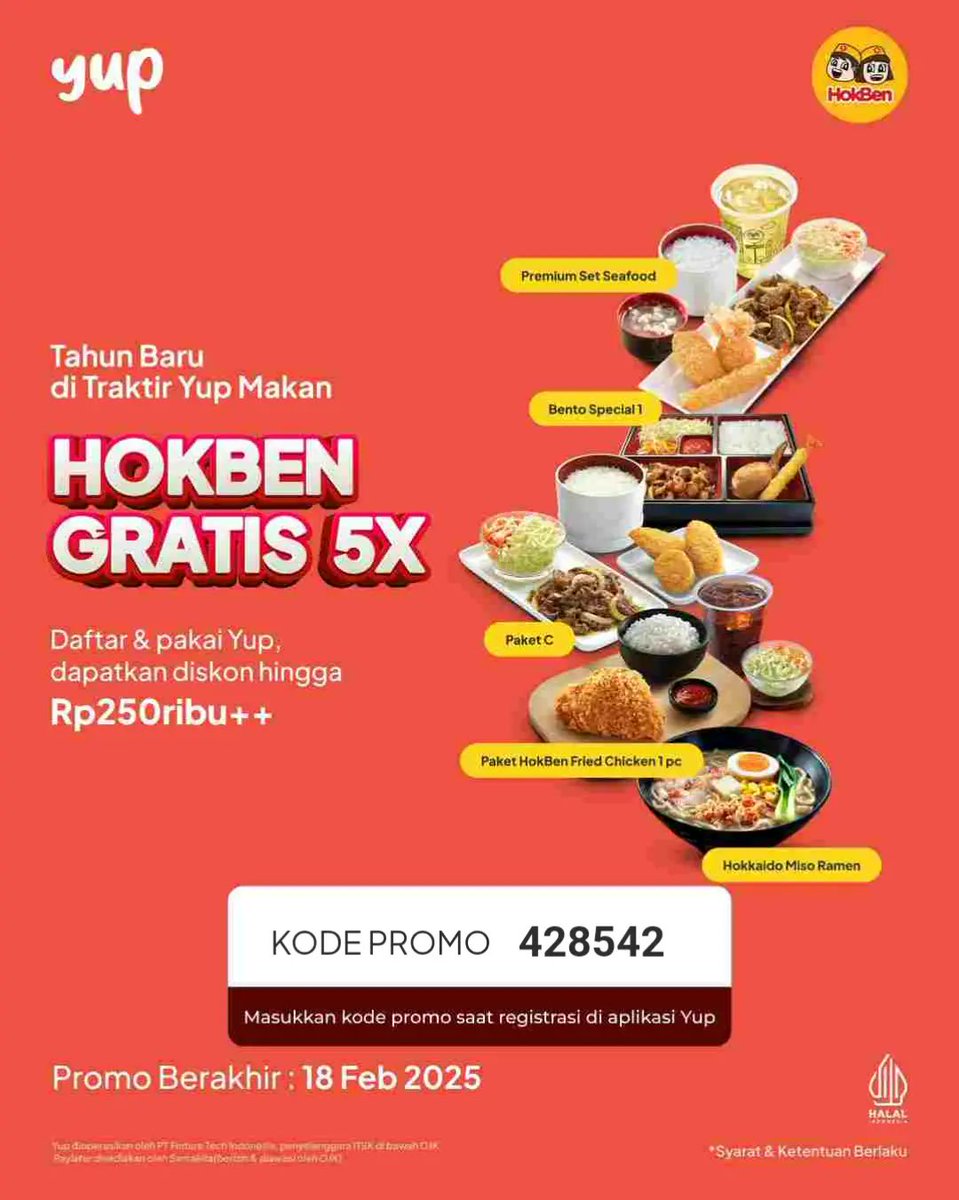 NicoJoe_'s tweet photo. Makan HokBen GRATIS, semudah itu!
Daftar Yup sekarang. Promo referral ini berakhir pada 18 Februari 2025
Segera download dan daftar Yup sekarang, jangan lupa masukkan kode promo "428542"! https://t.co/fsGW4lPJQn