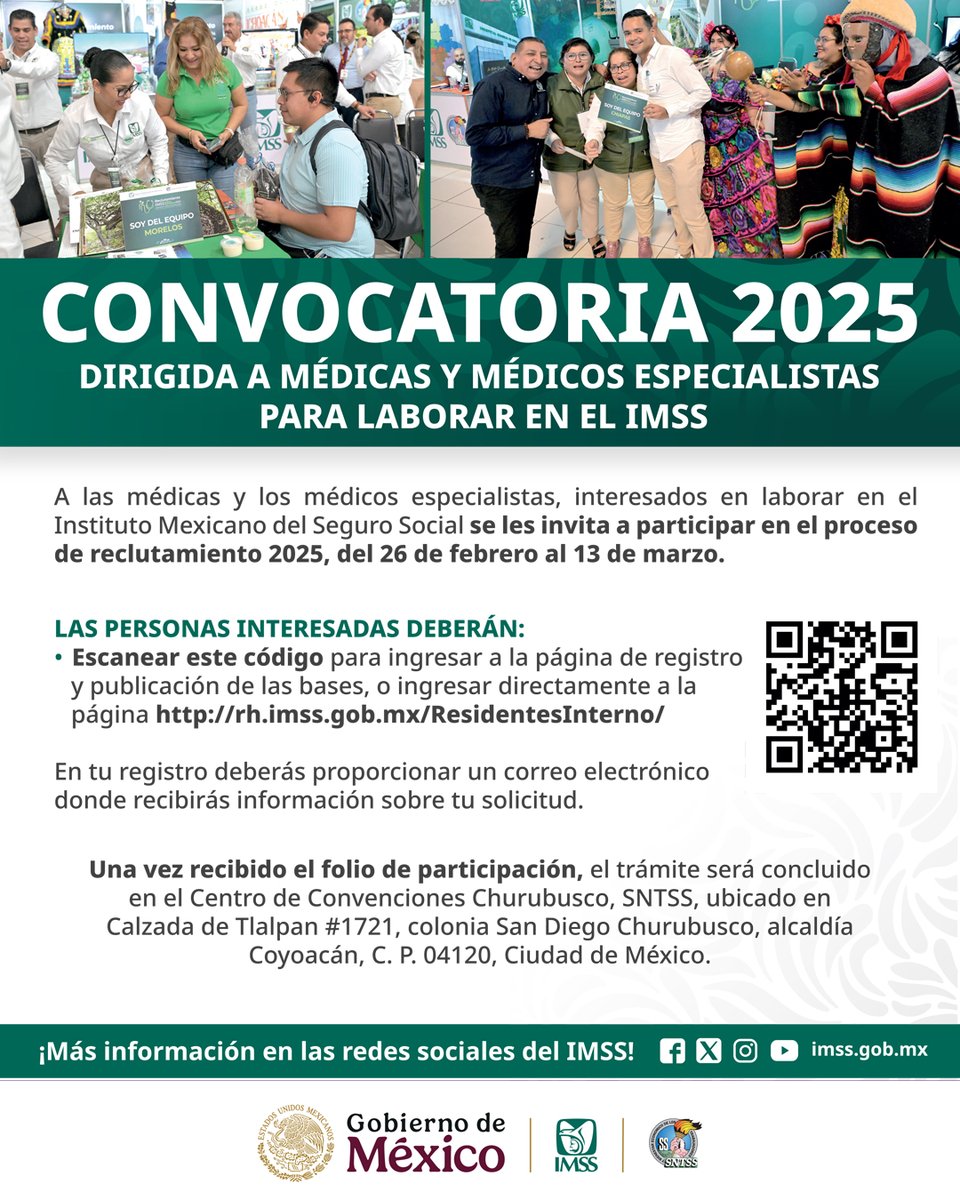 El IMSS abre sus puertas a médicos y médicas especialistas que quieran unirse a un gran equipo ¡Esta es tu oportunidad! 🇲🇽

Participa en nuestro proceso de reclutamiento del 26 de febrero al 13 de marzo. ¡Realiza aquí tu pre-registrol! 🩺

rh.imss.gob.mx/ResidentesInte…