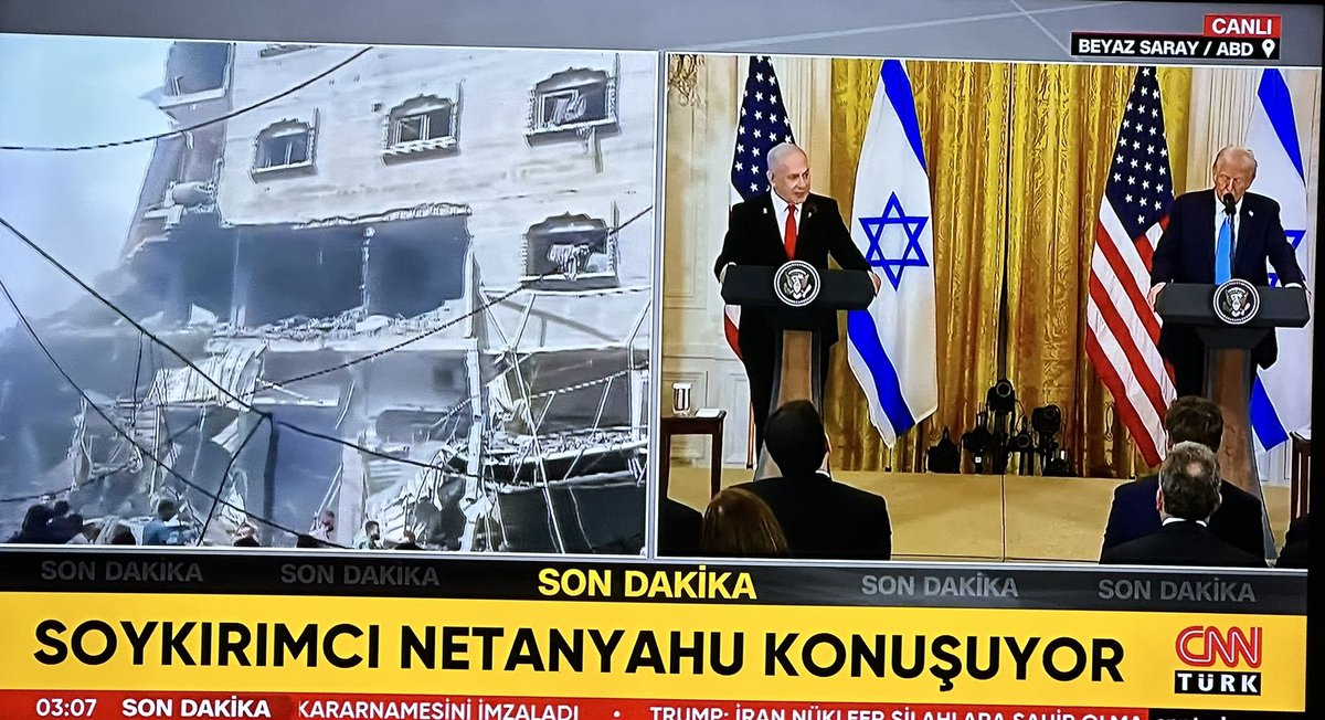 Soykırımcı siyonist İsrail’in Gazze kasabı Netanyahu ile konuşma yapan suç ortağı ABD’nin başkanı Trump, katledilen 60 bine yakın Gazzelli için tek kelime etmeden “ABD’nin Gazzeyi devralacağını” söyleyerek tarihin en utanç verici basın toplantısını bitirdi.