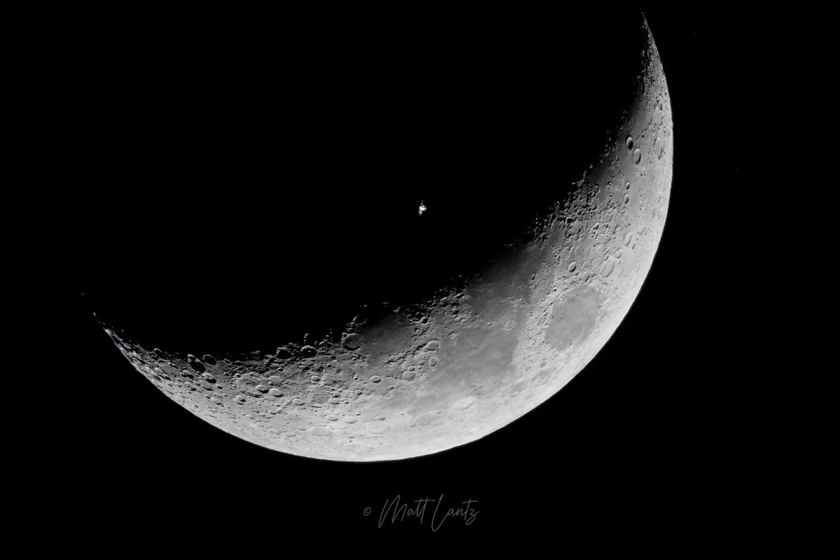 The <a href="/Space_Station/">International Space Station</a> transiting the moon Sunday just after sunset as seen from Parker County, Tx. 

First photo is a 16-image stack that captured the full transit and the earthshine on the moon. Second photo is a single exposure. 

#ParkerCounty #Texas #moon #dfwwx #txwx
