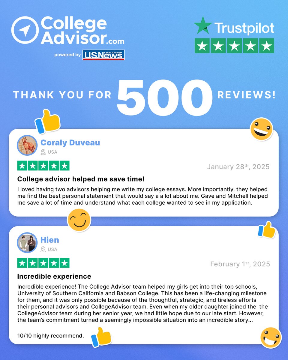 _collegeadvisor's tweet photo. Overwhelmed by your support! We've reached 500 reviews on Trustpilot, thanks to your positive words. Your experiences matter to us at CollegeAdvisor. Thank you! https://t.co/rp5G6iRaUw