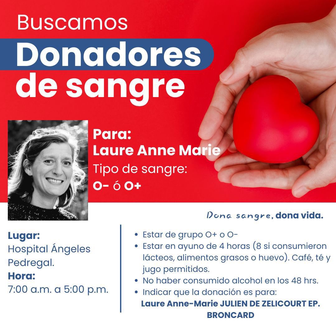 Wen_Mx's tweet image. Laure Ann Marie, mamá de 4 niños necesita sangre con urgencia, las donaciones de ayer y hoy no han sido suficientes. Si eres sangre tipo O+ / O-  hacemos un llamado a tu generosidad en el Hospital Ángeles Pedregal. 
¡Hoy por ella, mañana por ti!
RT ✨🙏🏼✨
@donaenvida #DonaSangre