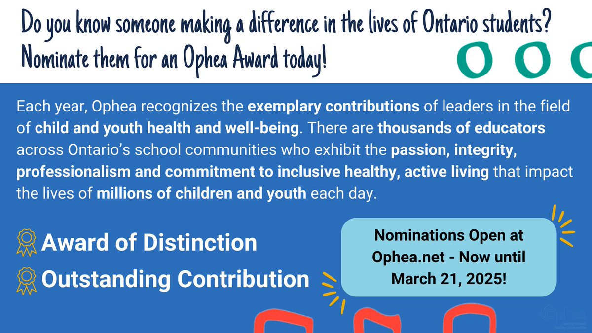 Nominations for Ophea's Awards are now open! Know someone making a difference in the lives of Ontario's children &amp; youth? Nominate them by Mar 21! Award-winners will attend the 2025 PHE National Conference, courtesy of Ophea. Full eligibility requirements: bit.ly/OpheaAwards