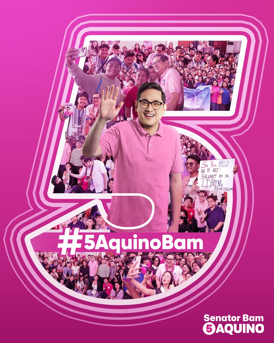 bamaquino's tweet photo. Ngayong Feb. 5, let’s do the 5! ✋🏻 Our hashtag: #5AquinoBam 

#5 para sa Libreng Kolehiyo, Siguradong Trabaho para bawat pamilyang Pilipino! 🇵🇭 https://t.co/T8rpyxOBtc