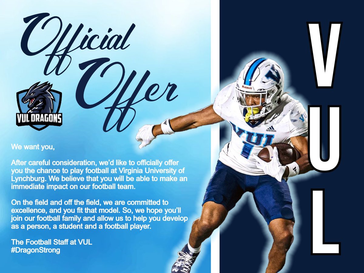 Grateful to receive an official offer from <a href="/BHawk_12/">Blake Hawkins</a> and Virginia University of Lynchburg. I would like to thank God, my parents, Coach McCain, Coach Priv, Coach Ant, Coach Life, and my teammates.