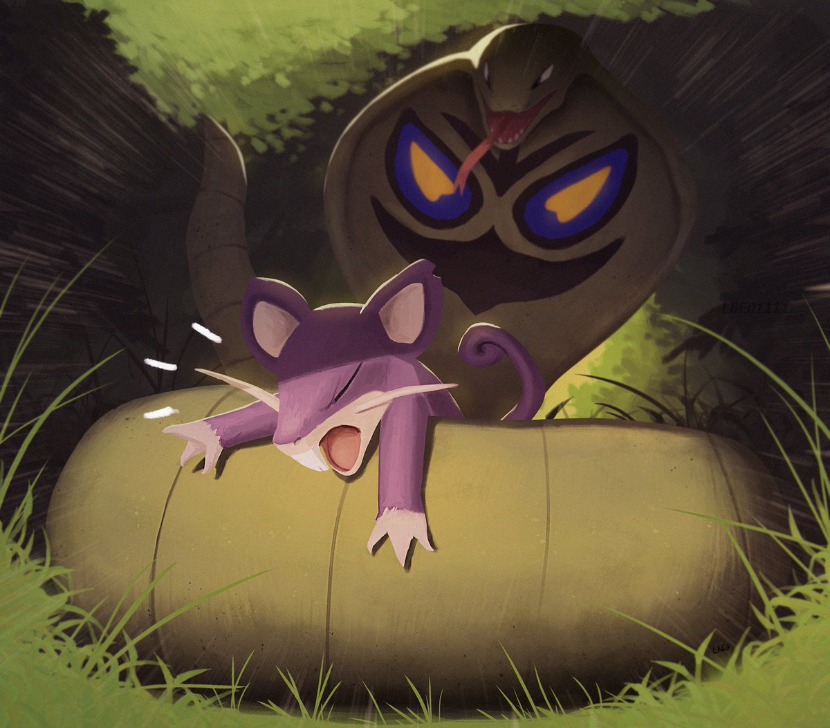 LRED1111's tweet photo. Since it's the year of the snake, I painted a shiny Arbok going for a prey, poor Ratata https://t.co/MNrsVhLoGp