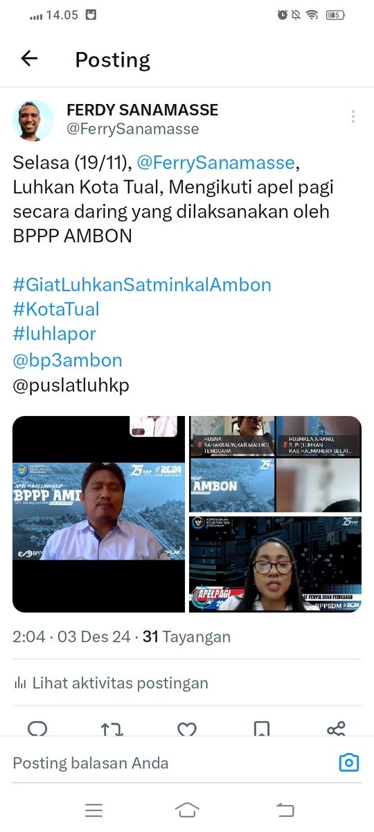 FerrySanamasse's tweet photo. Selasa (21/01), @FerrySanamasse, Luhkan Kota Tual, Mengikuti apel pagi secara daring yang dilaksanakan oleh BPPP AMBON

#GiatLuhkanSatminkalAmbon #KotaTual 
#luhlapor  
@bp3ambon
@puslatluhkp https://t.co/bU9r2yz7GY