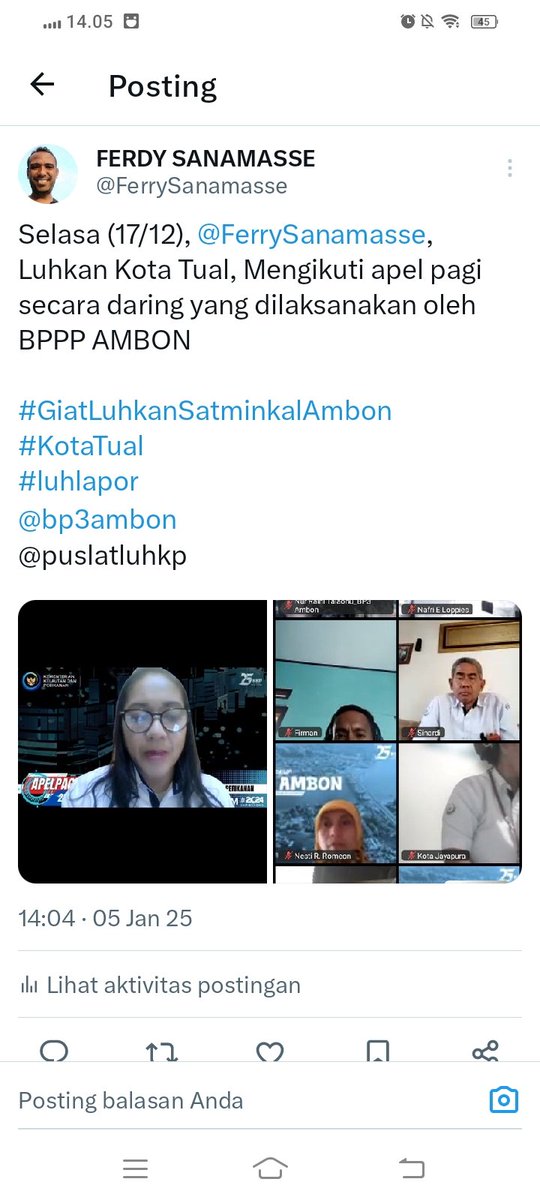 FerrySanamasse's tweet photo. Selasa (21/01), @FerrySanamasse, Luhkan Kota Tual, Mengikuti apel pagi secara daring yang dilaksanakan oleh BPPP AMBON

#GiatLuhkanSatminkalAmbon #KotaTual 
#luhlapor  
@bp3ambon
@puslatluhkp https://t.co/bU9r2yz7GY