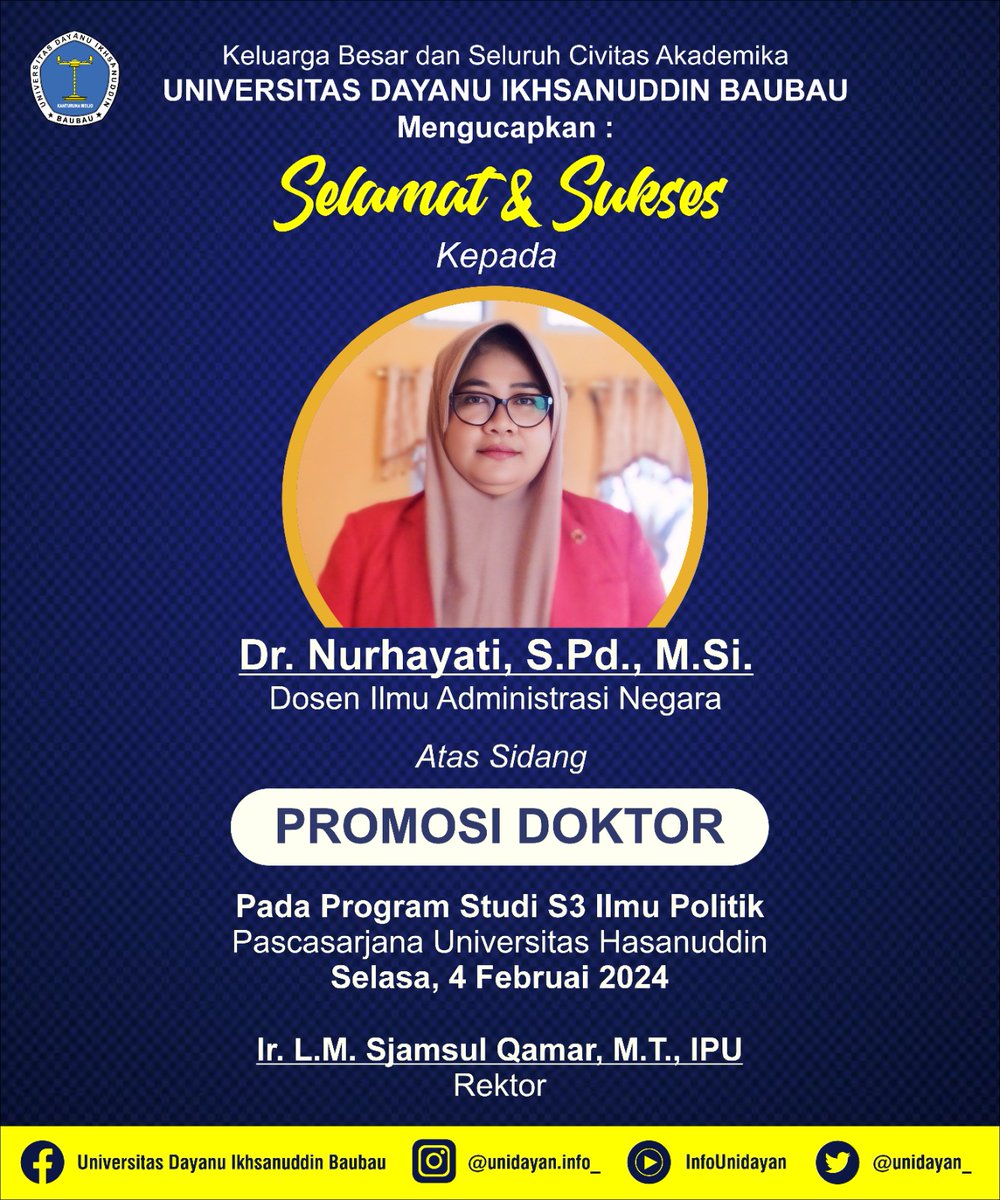 unidayan_'s tweet photo. Rektor Unidayan dan Seluruh Civitas Akademik Universitas Dayanu Ikhsanuddin Mengucapkan Selamat dan Sukses kepada Dr.Nurhayati, S.Pd., https://t.co/Ecqc4jRNBf. (Dosen Ilmu Administrasi Negara) atas Sidang Promosi Doktor Pada Program Studi S3 Ilmu Politik Pascasarjana Unhas. https://t.co/ubVqAZdIwD