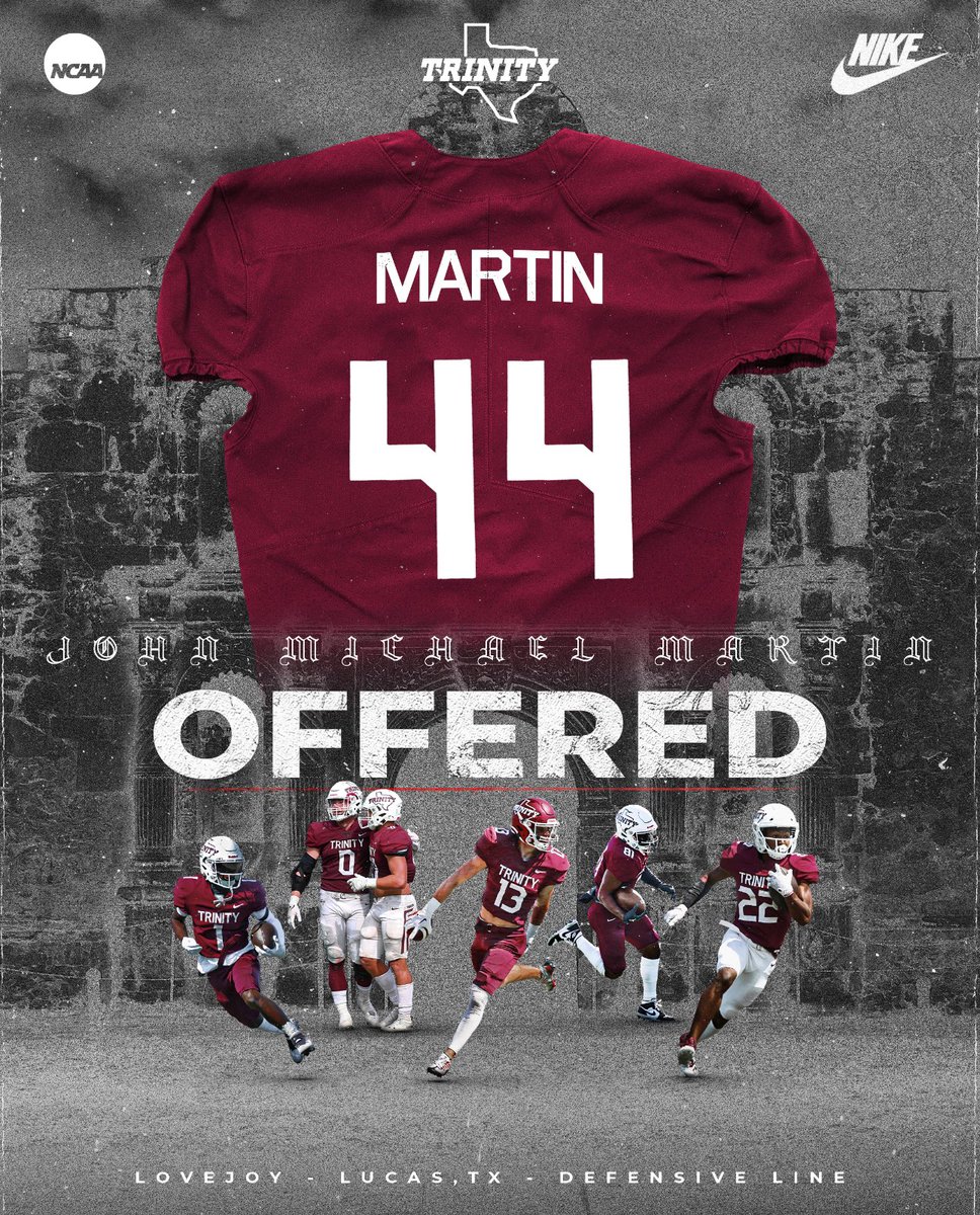 John Michael Martin (@johnmichaeljr25) on Twitter photo Extremely blessed to have received an offer from <a href="/TUFootballTX/">Trinity University Football</a>! Thank you <a href="/CoachMichalak/">Coach Michalak</a> and <a href="/JerhemeUrban83/">Jerheme Urban</a>! Go Tigers!
<a href="/CoachBMurdock/">Coach Murdock</a> <a href="/CoachDonnyHOU/">Riley Donovan</a> <a href="/dbranscom/">David Branscom</a> <a href="/ToddDodgeFBcamp/">Todd Dodge</a> <a href="/coach_kiefer/">Cole Kiefer</a> <a href="/CoachPels/">Greg Pels</a> <a href="/BSublet/">BSUB</a> <a href="/twftraining/">Brandon Tucker / Trenchwarfare</a> Extremely blessed to have received an offer from <a href="/TUFootballTX/">Trinity University Football</a>! Thank you <a href="/CoachMichalak/">Coach Michalak</a> and <a href="/JerhemeUrban83/">Jerheme Urban</a>! Go Tigers!
<a href="/CoachBMurdock/">Coach Murdock</a> <a href="/CoachDonnyHOU/">Riley Donovan</a> <a href="/dbranscom/">David Branscom</a> <a href="/ToddDodgeFBcamp/">Todd Dodge</a> <a href="/coach_kiefer/">Cole Kiefer</a> <a href="/CoachPels/">Greg Pels</a> <a href="/BSublet/">BSUB</a> <a href="/twftraining/">Brandon Tucker / Trenchwarfare</a>