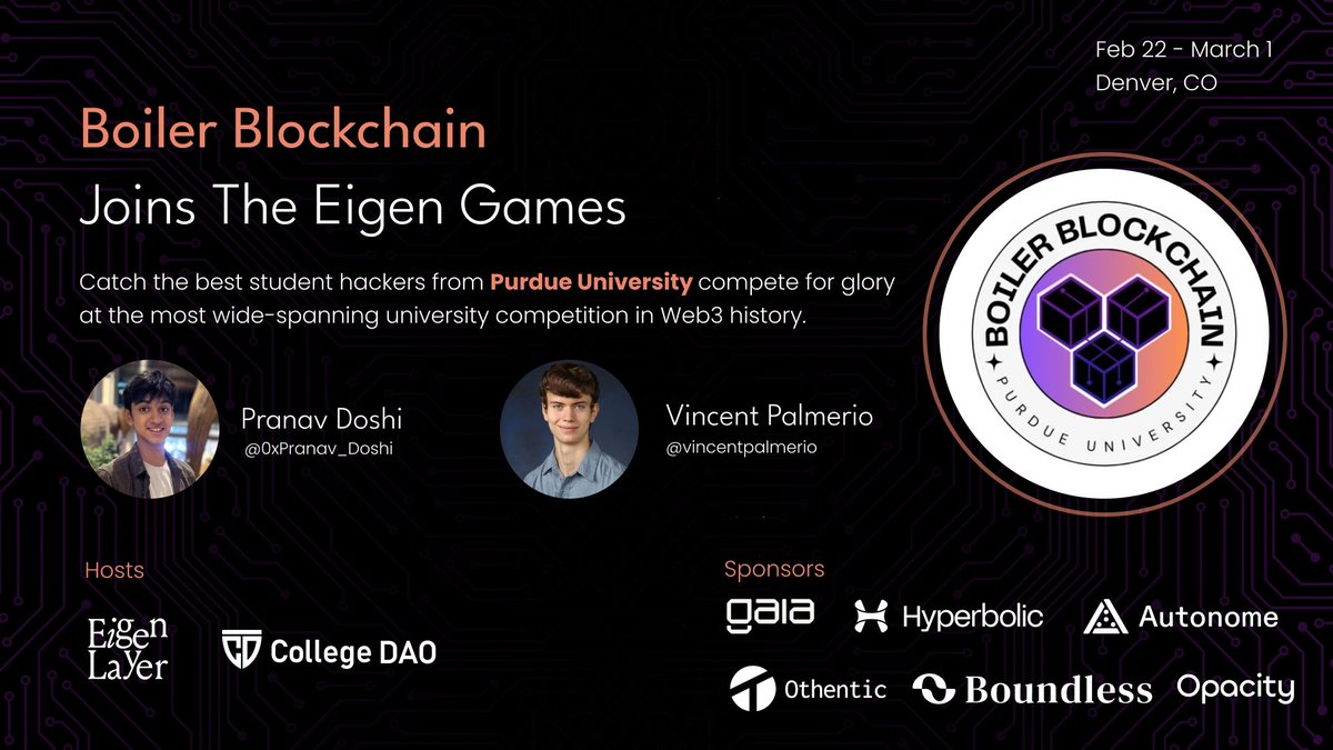 Announcing our 6th University Tributes:

<a href="/vincentpalmerio/">Vincent Palmerio</a> and <a href="/0xPranavDoshi/">Pranav Doshi</a> from <a href="/BoilerChain/">Boiler Blockchain</a> have entered the Eigen Games arena…