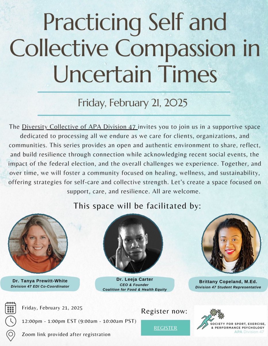 APA Division 47 (@apadivision47) on Twitter photo APA Div47ās Diversity Collective invites you to our personal & communal care spaces. The first session will be Friday, Feb. 21st. Event capacity is limited to 20 people.
To register: docs.google.com/forms/d/e/1FAIā¦
Questions? Contact Dr. Tanya Prewitt-White at drtanyaraquel@gmail.com APA Div47ās Diversity Collective invites you to our personal & communal care spaces. The first session will be Friday, Feb. 21st. Event capacity is limited to 20 people.
To register: docs.google.com/forms/d/e/1FAIā¦
Questions? Contact Dr. Tanya Prewitt-White at drtanyaraquel@gmail.com