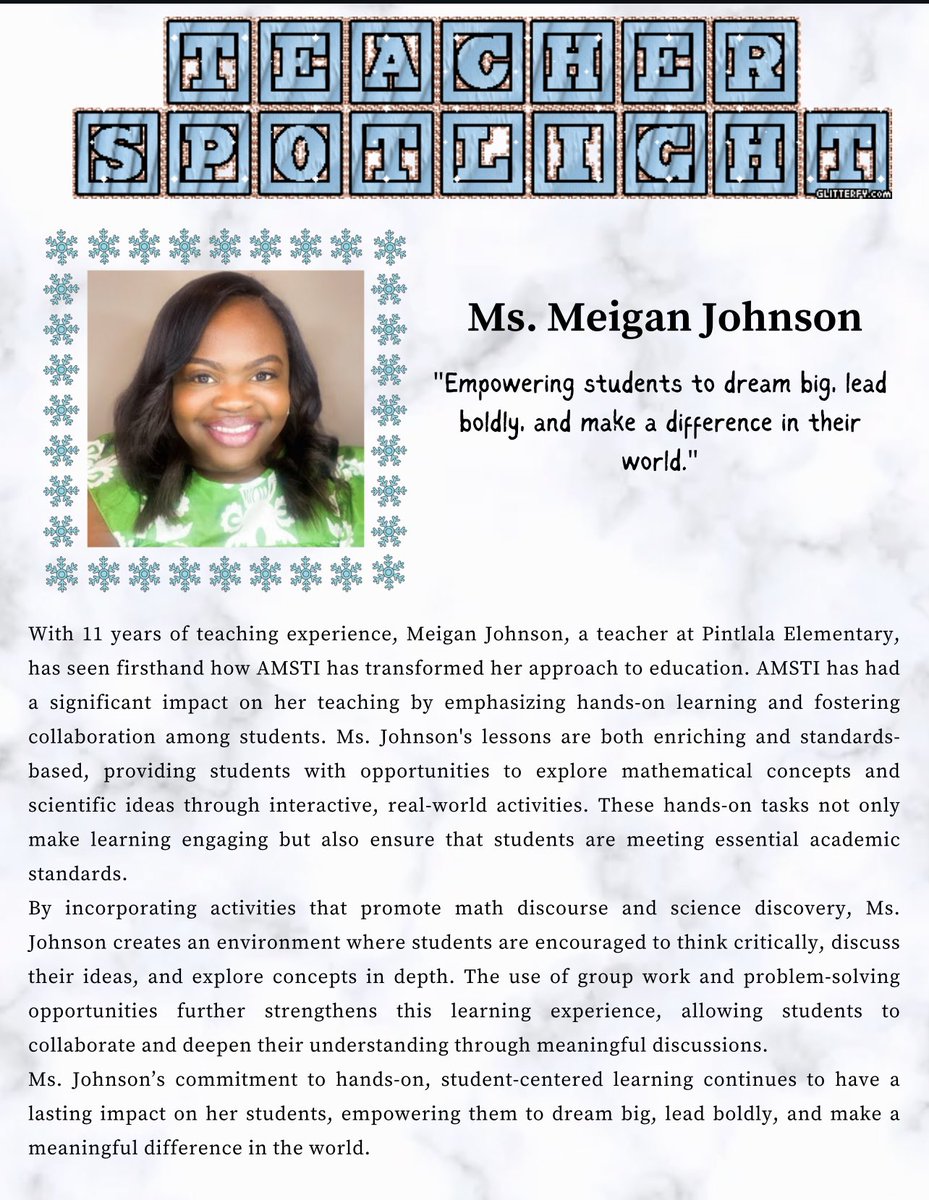 Thank you AMSTI for recognizing me as the January Teacher Spotlight of the Month. The work I do wouldn’t be possible without my amazing team! <a href="/PintlalaGators/">PintlalaElementary</a>