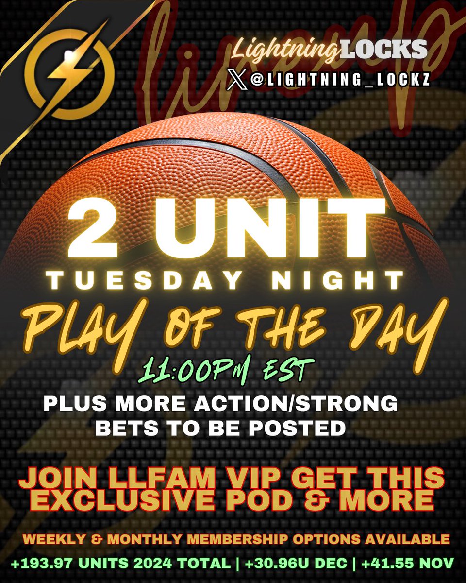 LightningLockz's tweet photo. ⭐️ TUESDAY NIGHT CBB PLAY OF THE DAY 

DONT MISS THIS ⚡️ LOCK IT’ IN 🔒

𝑱𝒐𝒊𝒏 𝑳𝑳𝑭𝑨𝑴 𝑽𝑰𝑷 💎

https://t.co/pRZNUvXwNa https://t.co/L31lRNUxUc