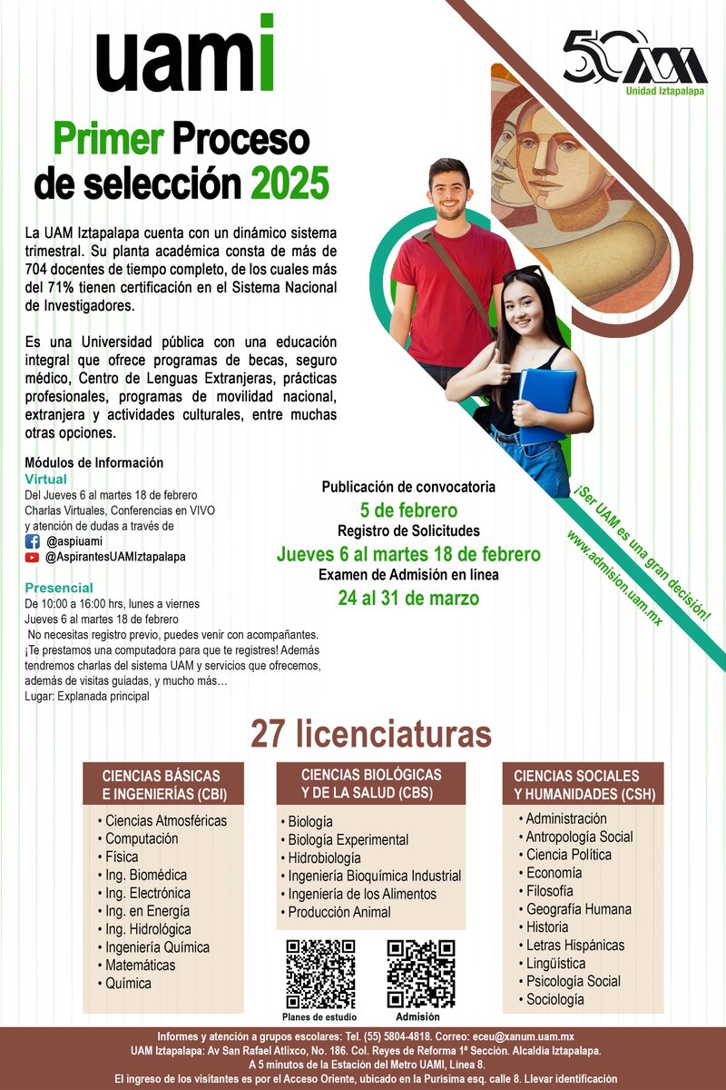 La #UAMIztapalapa🟢cuenta con una vasta oferta académica, excelentes profesores-investigadores, laboratorios de primer nivel , becas y movilidad al extranjero.🌎
Registro: 6 al 18 de febrero admision.uam.mx
Oferta educativa en bit.ly/49hVTGU
#QuédateEnLaUAM