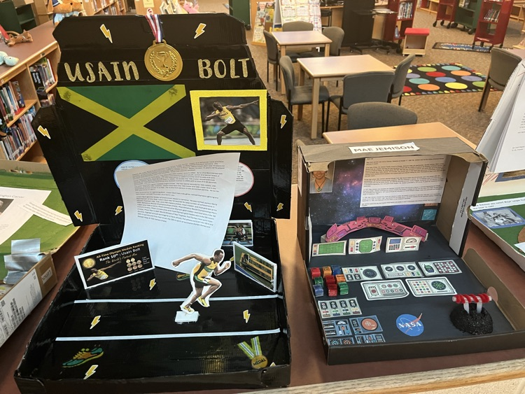 SLESuns's tweet photo. Many of our students are honoring Black Hjstory month as they completed projects about an influential African American historical individual. Creativity on full display! These projects line the library on full display for all to enjoy. https://t.co/OZGe3xdBjr