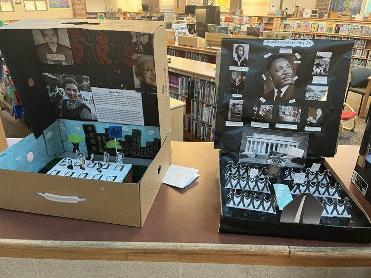 SLESuns's tweet photo. Many of our students are honoring Black Hjstory month as they completed projects about an influential African American historical individual. Creativity on full display! These projects line the library on full display for all to enjoy. https://t.co/OZGe3xdBjr