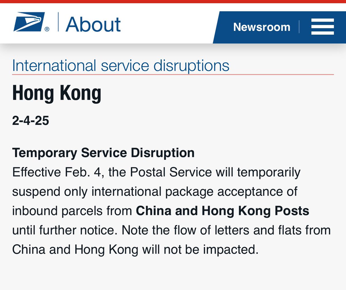 USPS suspends packages from China and Hong Kong until further notice.
