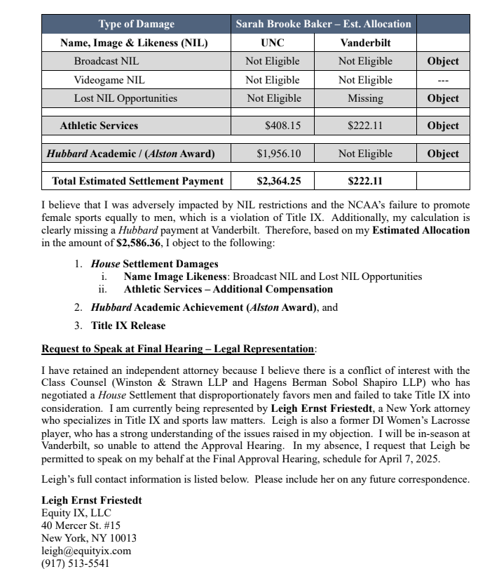 This letter from ex-UNC and Vanderbilt women's lacrosse player Sarah Brooke Baker argues that her estimated allocation does not properly take Title IX into account and that there is a conflict of interest with the class counsel's representation.