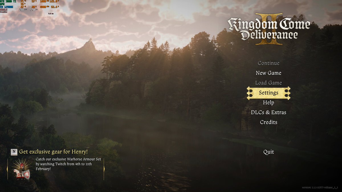Kingdom Come Deliverance II (KCD2) is absolutely gorgeous. This is just the main menu. I'm running it in ultra on 4-5 year old hardware and it runs really well. The hour I've played so far has been a blast as well. They really improved the already complex and fun combat.
