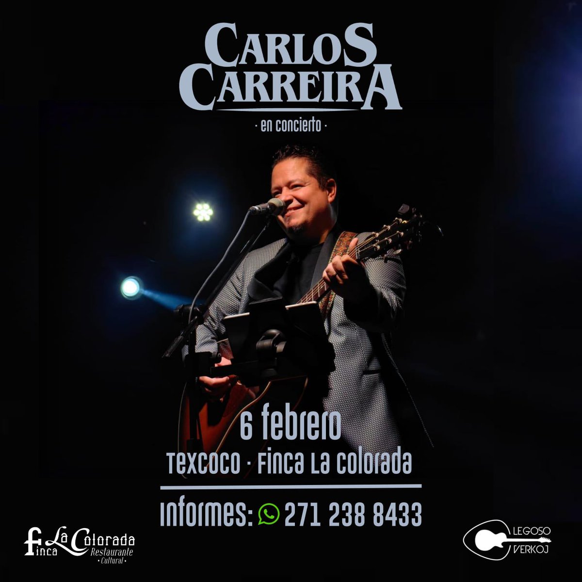 Este jueves 6 de febrero <a href="/carreira_carlos/">Carlos Carreira</a> en #concierto 
No se lo pueden perder!
Boletos Disponibles!
Informes: 📱 wa.me/522712388433
#Texcoco <a href="/fincalacolorada/">Finca la Colorada</a>