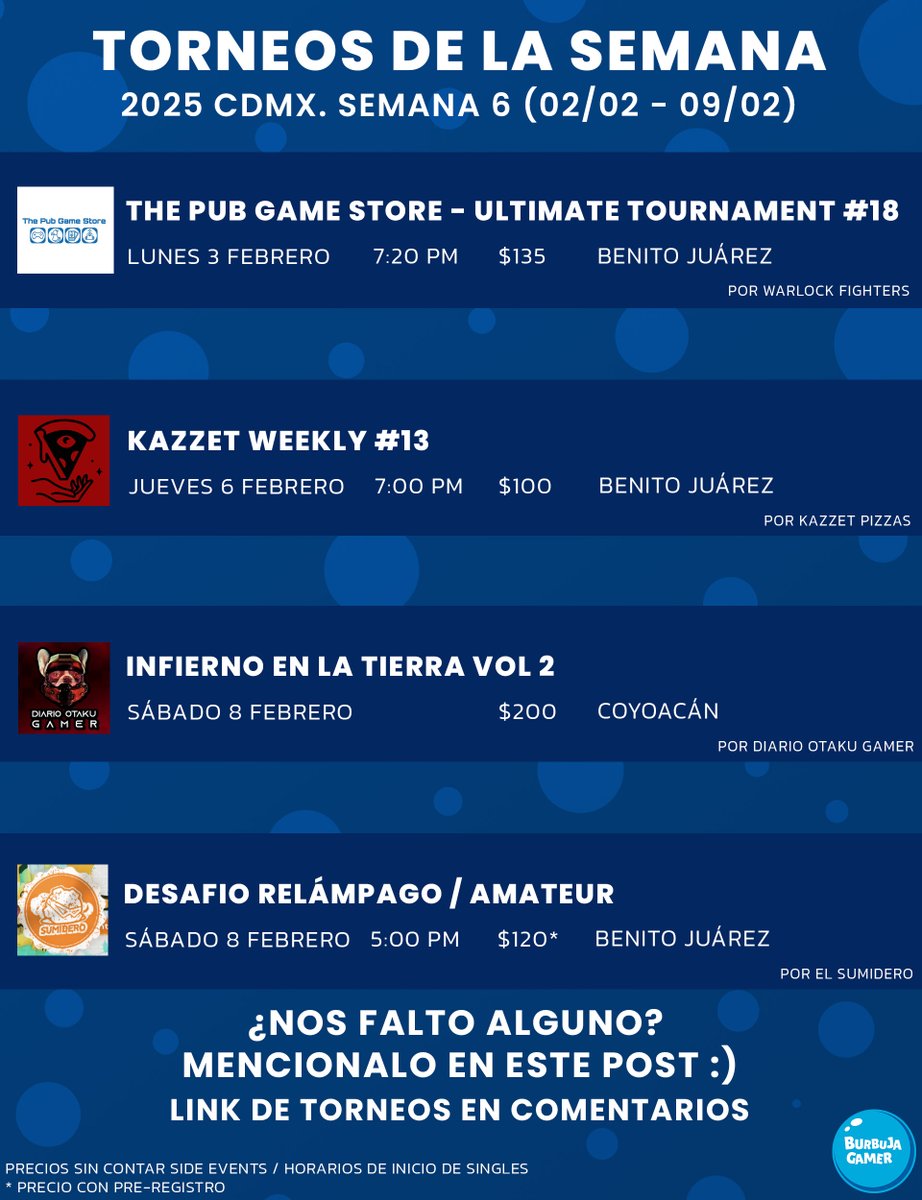 📅 Entérate de los torneos de esta semana de #supersmashbrosultimate en CDMX ¿Listo para competir? 🎮

Si se anuncian más torneos durante la semana serán agregados al hilo de este post :)